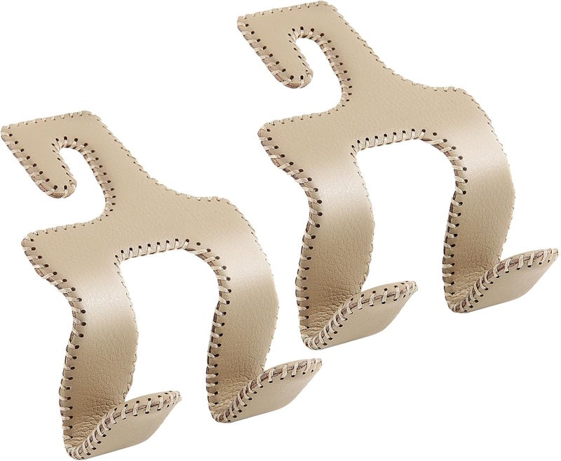 TISOHUGO Upgraded Headrest Hooks for Purses and Bags, 2 in 1 Car Back Seat Head Rest Hanger Matching Cars Interior Genuine Leather Vehicle Storage Holder Hook, 2 Pack, Beige - Image 1